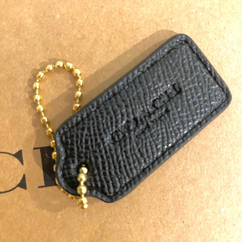 Coach Black Textured Pebble Leather Keychain BagTag with Gold Chain. New